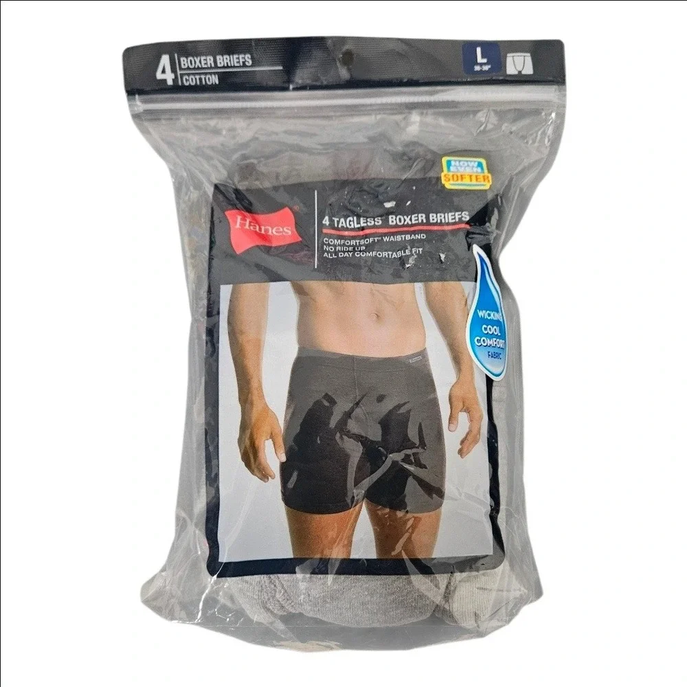Hanes Mens 4 Pack Tagless Boxer Briefs ComfortSoft Waistband Gray Black Large L
